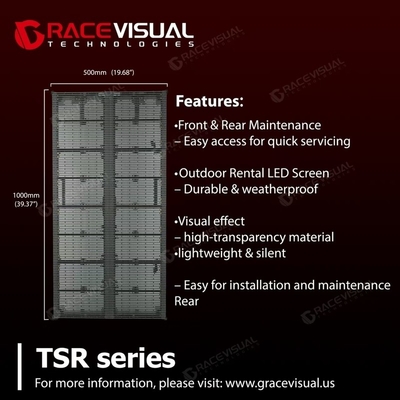 Прозрачный арендный светодиодный дисплей серии TSR P3.9-7.8 с частотой 7680 Hz и 5000 нит для аренды бизнеса или мероприятий.